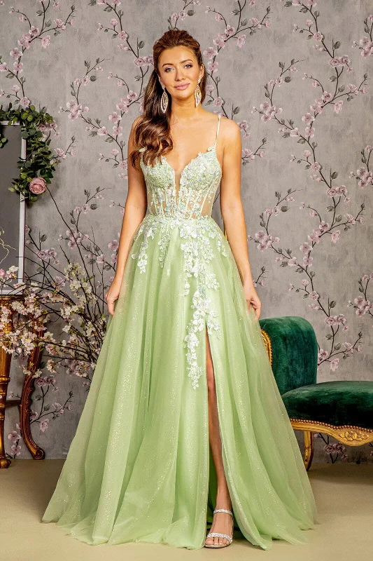 formal dresses with detachable trains for versatility --Butterfly Applique Sleeveless Slit Gown by GLS Gloria GL3212