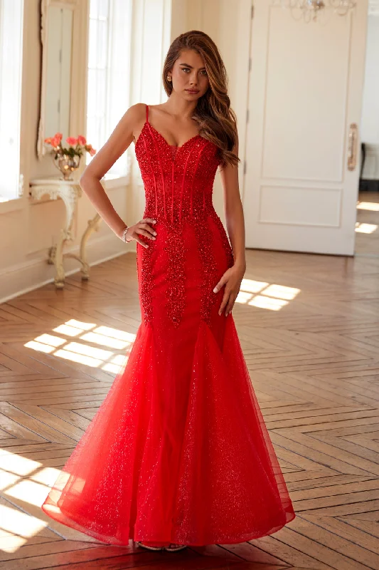 cocktail dresses with mesh inserts for edgy style --Embellished V-Neck Mermaid Dress by Juliet JT2883C