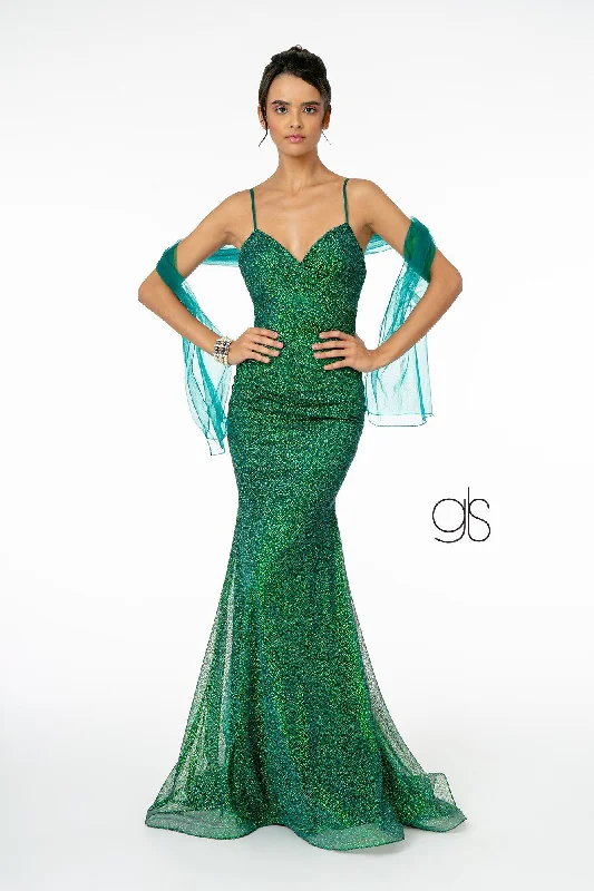 formal dresses with asymmetrical hemlines for trendy looks --Fitted Long Sleeveless V-Neck Glitter Dress by Elizabeth K GL2988