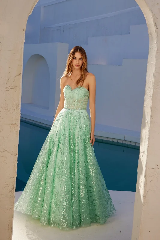 cocktail dresses with puff sleeves for vintage vibes --Glitter Print Strapless A-line Gown by Juliet JT2547S