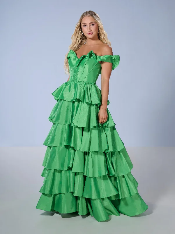 formal dresses for winter galas with fur collars --Taffeta Off Shoulder Tiered Gown by Tiffany Designs 16175