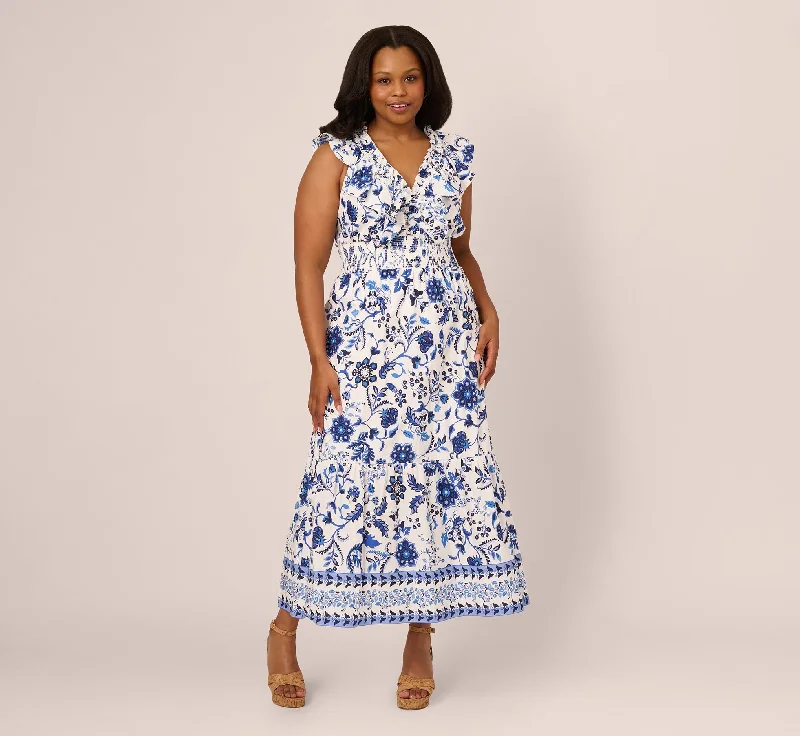 Spring dresses with chiffon skirts for lightness and movement -Plus Size Sleeveless Ruffle Collar Printed Midi Dress In White Blue Multi