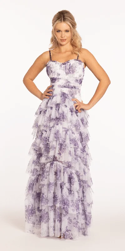 formal dresses for dance performances with stretch material --Sweetheart Mesh Floral Tiered Lace Up A Line Dress