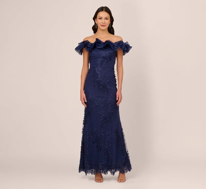 formal dresses for teenagers with modest necklines --Ruffle Off The Shoulder Floral Lace Gown In Light Navy
