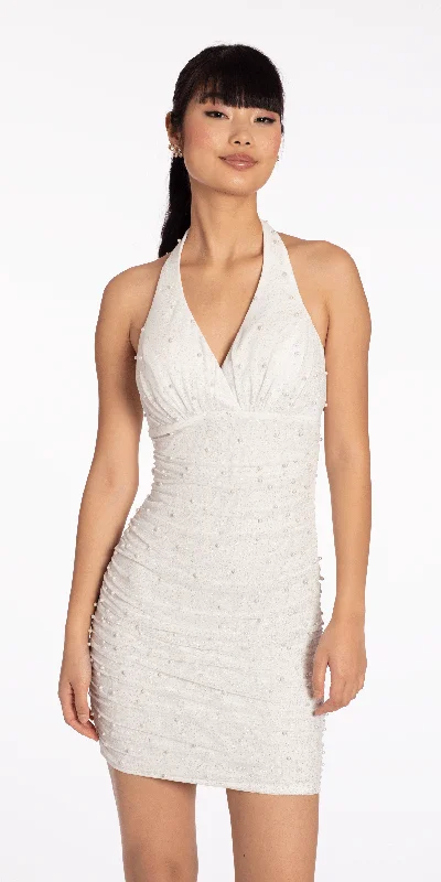 Graduation dresses with soft pastel colors for a fresh look -Pearl Glitter Halter Bodycon Dress with Ruching