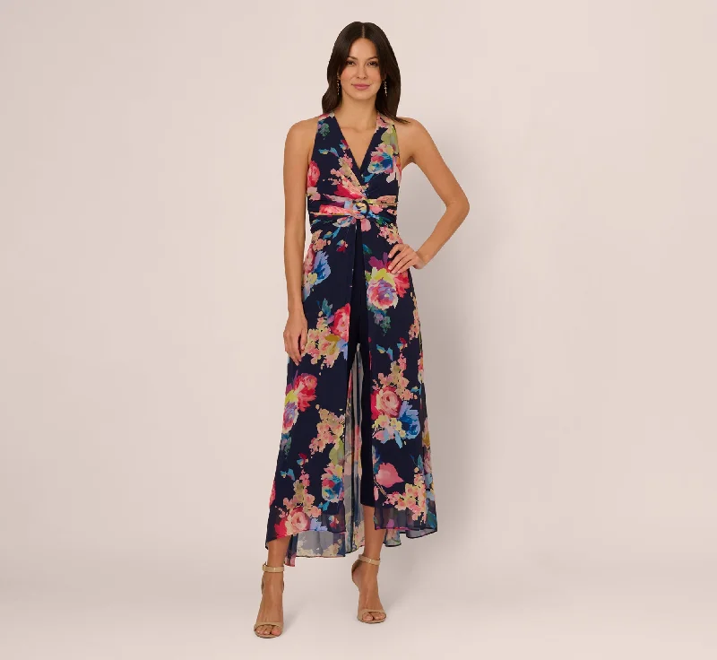 Spring dresses with off-the-shoulder designs for a romantic vibe -Sleeveless Floral Chiffon Overlay Jumpsuit In Navy Multi