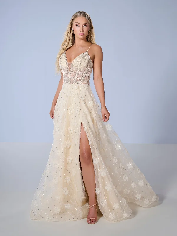cocktail dresses with layered tulle for princess style --3D Floral Sleeveless A-line Slit Gown by Tiffany Designs 16247