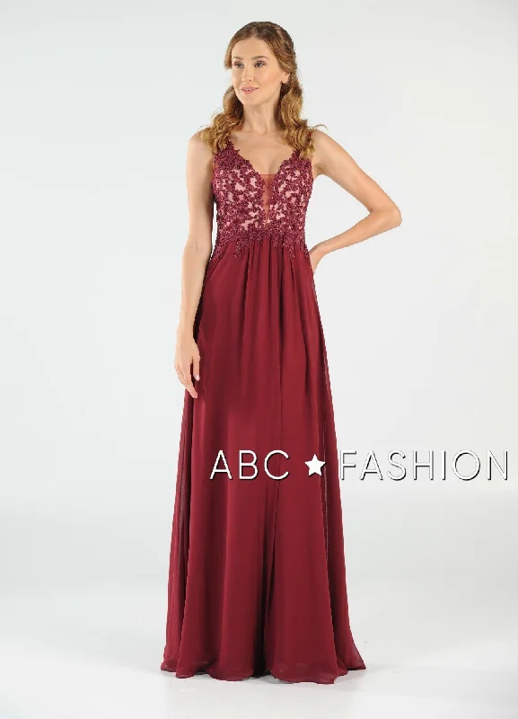 plus size bridesmaid dresses with empire waist for comfort --Long V-Neck Chiffon Dress with Lace Appliques by Poly USA 8012
