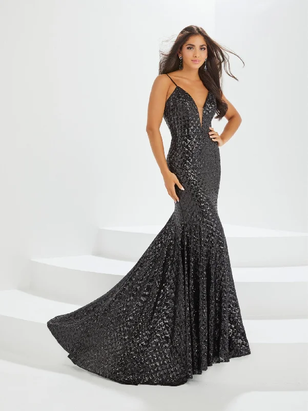 cocktail dresses with lace sleeves for classic elegance --Sequin Sheer V-Neck Mermaid Dress by Tiffany Designs 16022