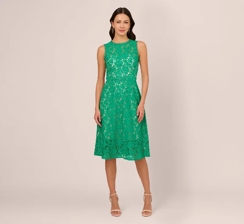 Wedding guest dresses with luxurious fabrics like satin and silk -Sleeveless Lace Fit And Flare Dress With Sheer Details In Botanic Green