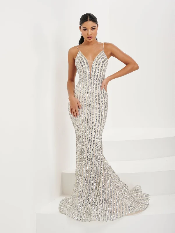 cocktail dresses with bow back details for cute accents --Fitted Linear Sequin Deep V-Neck Gown by Tiffany Designs 16092