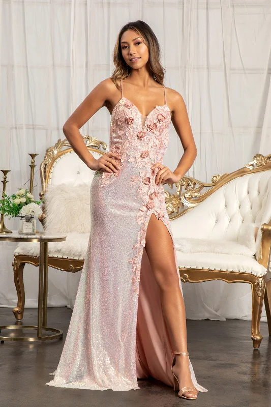 Romantic lace wedding guest dresses for a vintage touch -3D Floral Fitted Sequin Gown by Elizabeth K GL3025