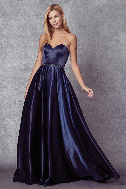 formal dresses with satin belts for waist definition --Long Strapless Satin Dress by Juliet 688