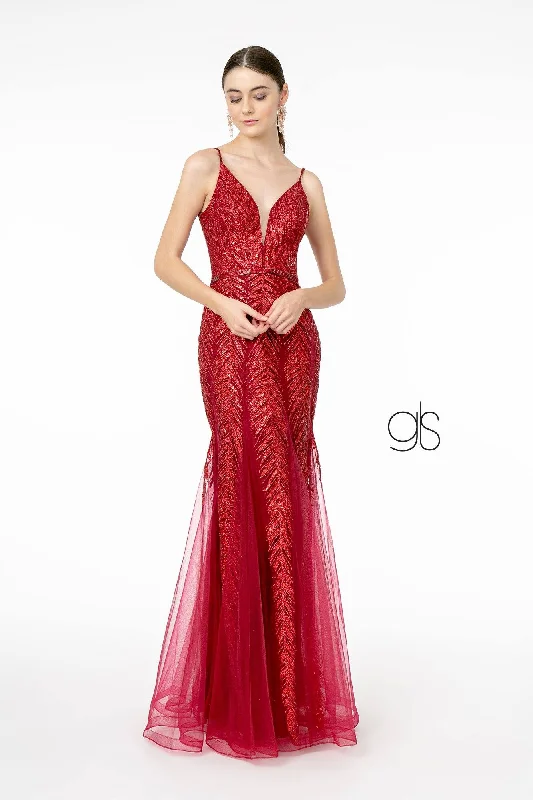 cocktail dresses with off-shoulder ruffles for feminine flair --Glitter Sequined V-Neck Mermaid Gown by Elizabeth K GL2939