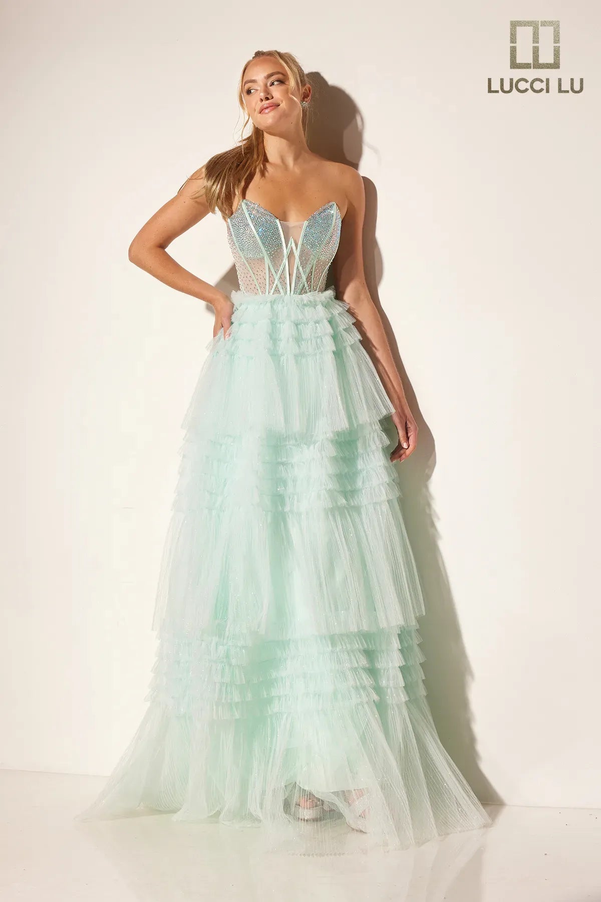 formal dresses for winter balls with faux fur accents --Glitter Strapless A-line Tiered Gown by Lucci Lu 1408