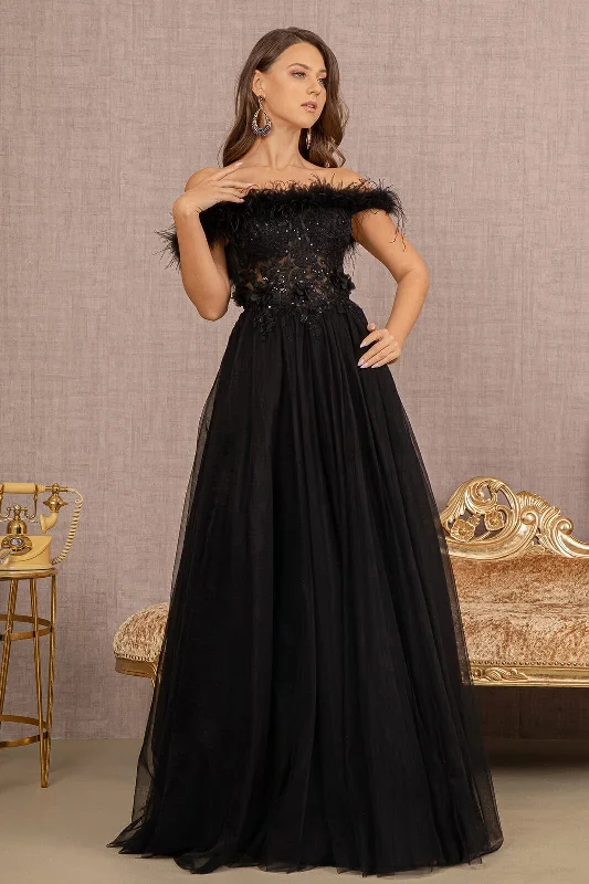 Wedding guest dresses that are perfect for a cocktail hour -Off Shoulder Feather A-line Gown by GLS Gloria GL3138