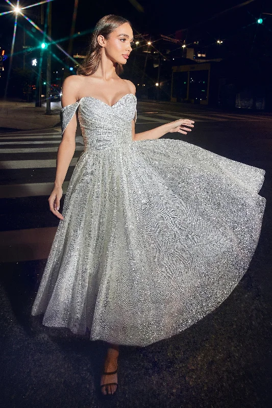Graduation dresses with a deep V-neck for a bold statement -White Off Shoulder Tea Length Glitter Dress by Ladivine CD869W