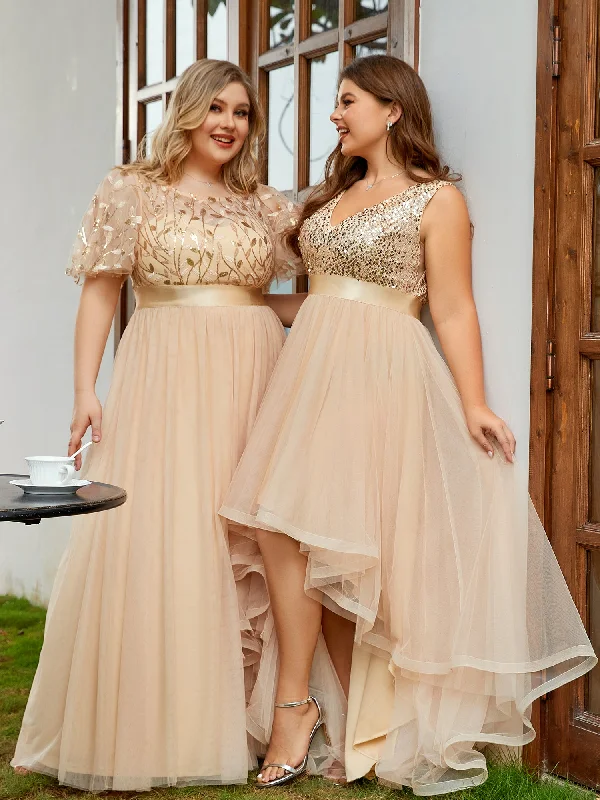 Beautiful white dresses for upscale events -Sequin Print Plus Size Wholesale Evening Dresses with Cap Sleeve
