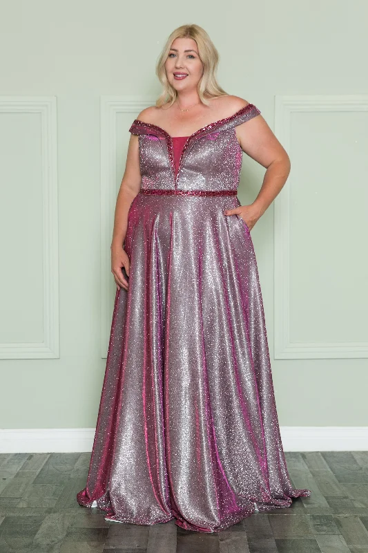 Easy-to-style wedding guest dresses for effortless chic looks -Plus Size Off Shoulder Metallic Glitter Gown by Poly USA W1096