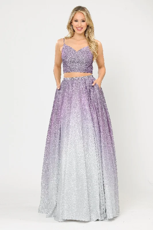 cocktail dresses with open shoulder designs for summer --Long Ombre Glitter Two Piece Dress by Poly USA 8706