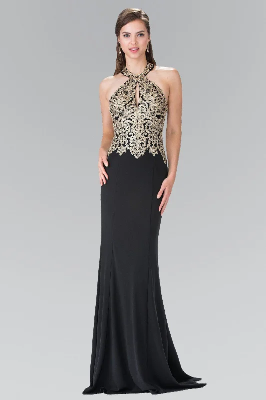 cocktail dresses with satin belts for waist definition --Long Gold Embroidered Halter Dress by Elizabeth K GL2231