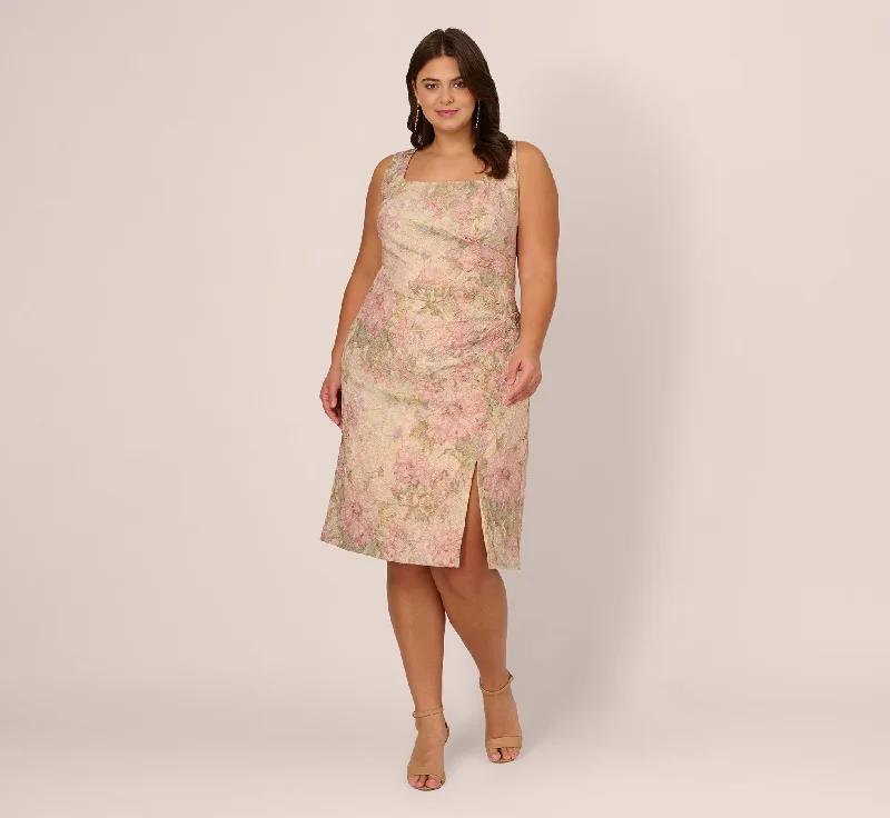 Spring dresses for vacation with an easy-to-wear style -Plus Size Sleeveless Floral Matelasse Sheath Dress With Pleated Details In Rose Multi