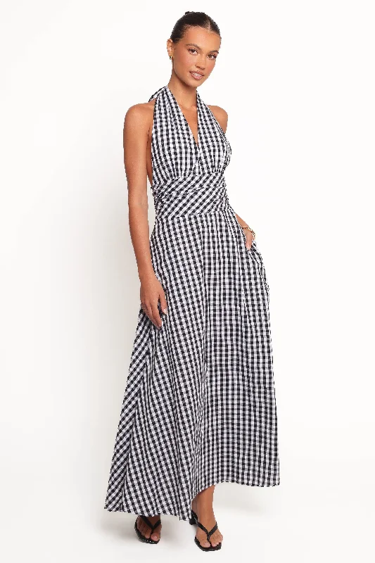 Best dresses for corporate cocktail parties -Solene Maxi Halterneck Dress - Black/White
