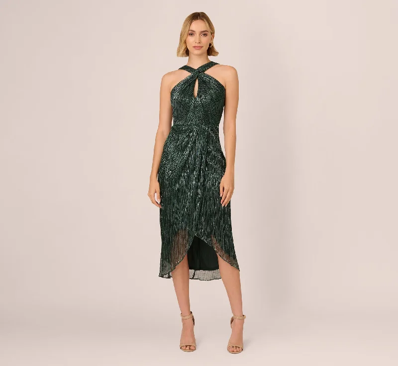 formal dresses with detachable sleeves for multiple looks --Metallic Knit Halter Midi Dress With Wrap Skirt In Green Pine