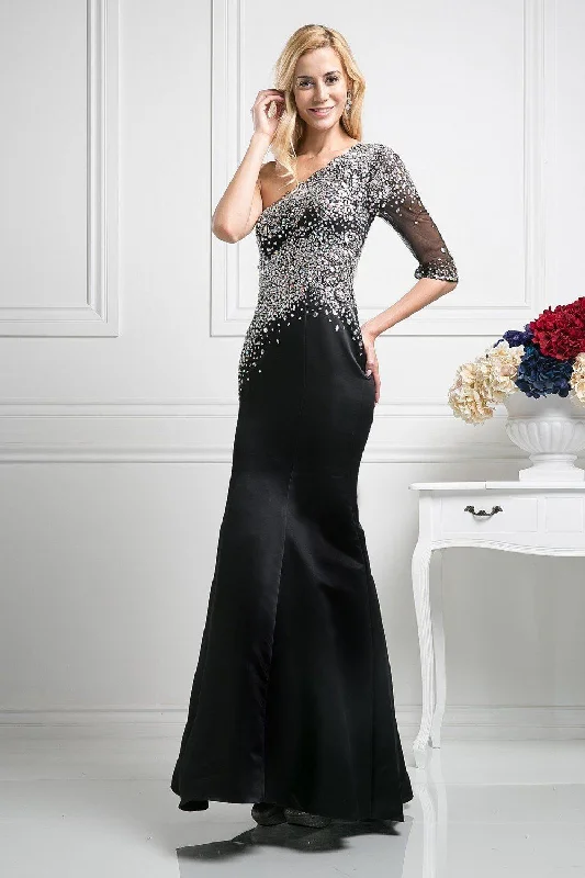 Modest wedding guest dresses for conservative weddings -Sequined Asymmetric Trumpet Dress by Cinderella Divine 8789