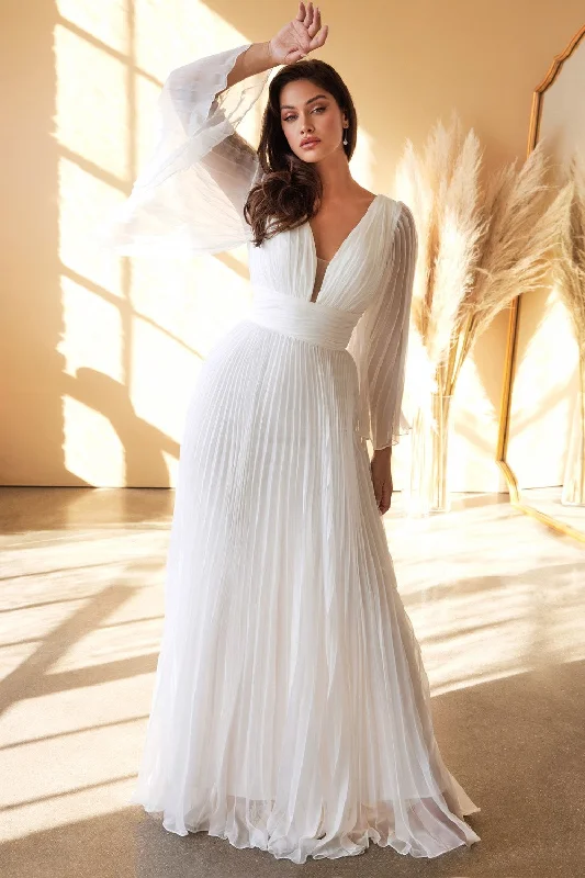 cocktail dresses with layered skirts for dramatic effect --White Pleated Bell Sleeve Gown by Cinderella Divine CD242W