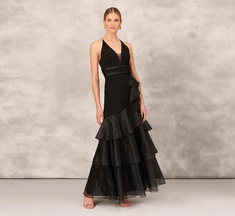formal dresses for cocktail receptions with fitted bodices --Tiered Trumpet Dress With Ruffles In Black