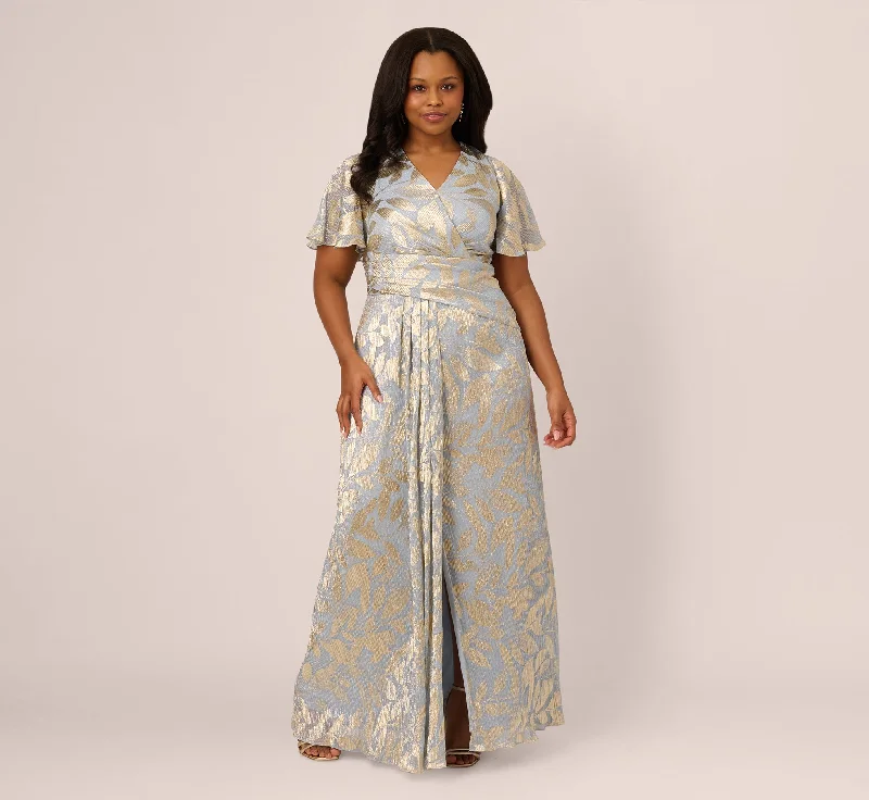 formal dresses for beach parties with light, airy fabrics --Plus Size Foil Leaf Short Sleeve Gown With Draped Details In Light Blue Gold