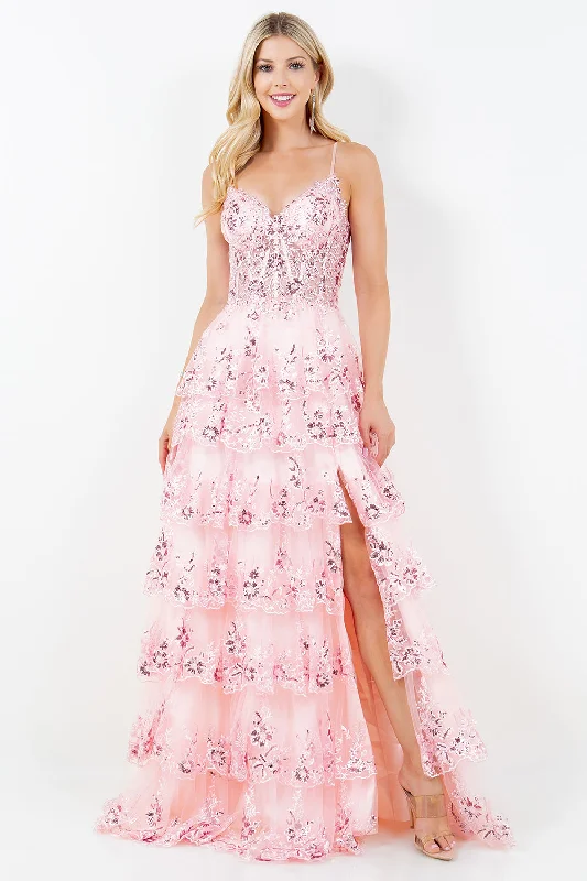 cocktail dresses with mesh panels for modern style --Sleeveless A-line Tiered Gown by Cinderella Couture 8248J
