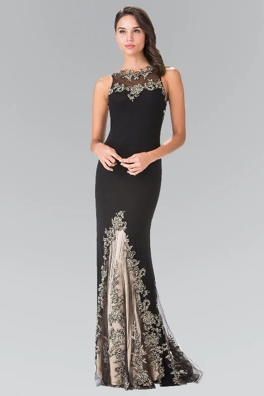 cocktail dresses with ruched sides for slimming effect --Embroidered Long Sleeveless Illusion Dress by Elizabeth K GL2204
