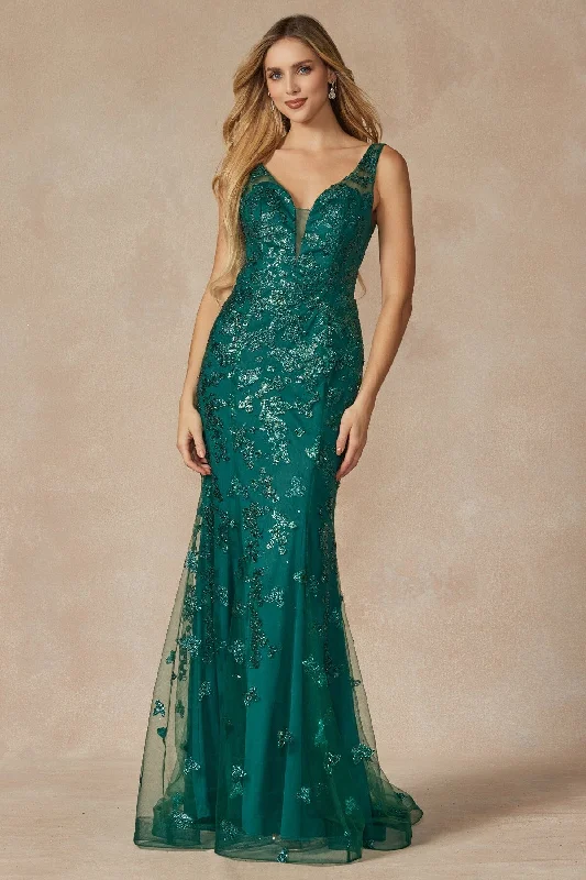 formal dresses with built-in cooling technology for hot climates --Fitted Butterfly Glitter Print V-Neck Gown by Juliet 294