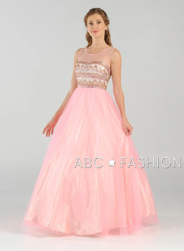 cocktail dresses with wrap skirts for adjustable fit --Long A-line Ball Gown with Beaded Illusion Bodice by Poly USA 7726