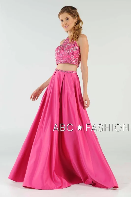 formal dresses with open backs and crisscross straps --Beaded Long Two-Piece Dress with Pockets by Poly USA 8210
