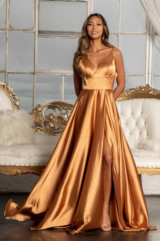 plus size bridesmaid dresses with V-necklines for flattering shape --Long Shiny Satin V-Neck Dress by Elizabeth K GL1991