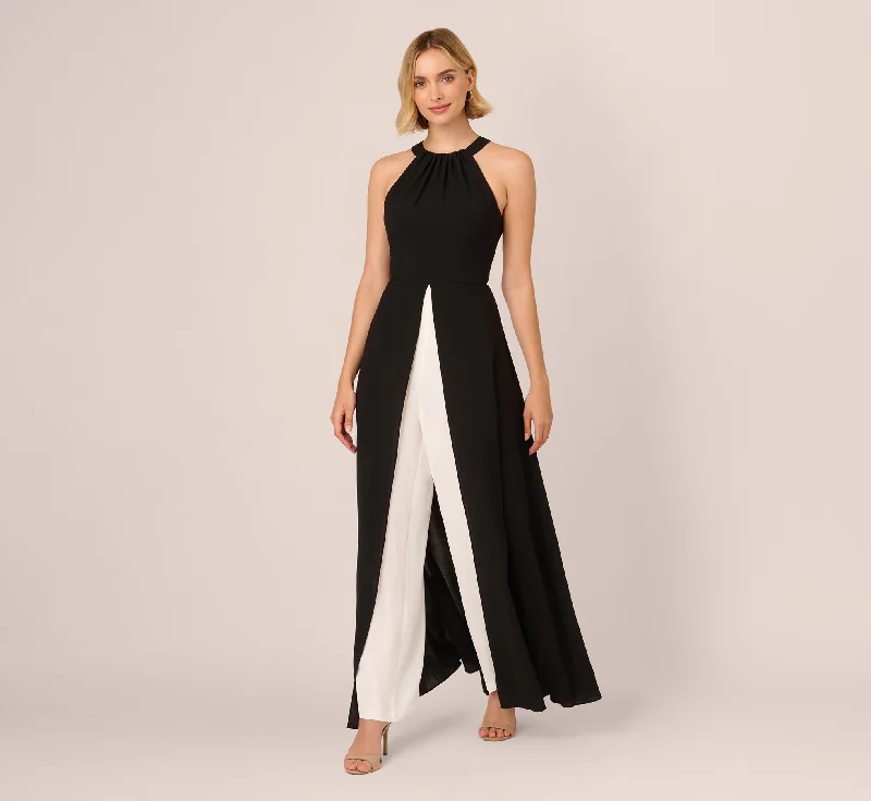 Spring dresses for hot weather with breathable fabrics -Halter Crepe Overlay Jumpsuit In Black Ivory