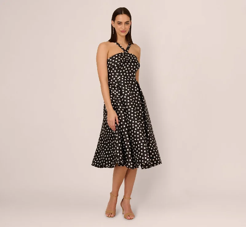 Spring dresses with sleeves for cooler days -Polka Dot Halter Fit And Flare Midi Dress In Black Ivory