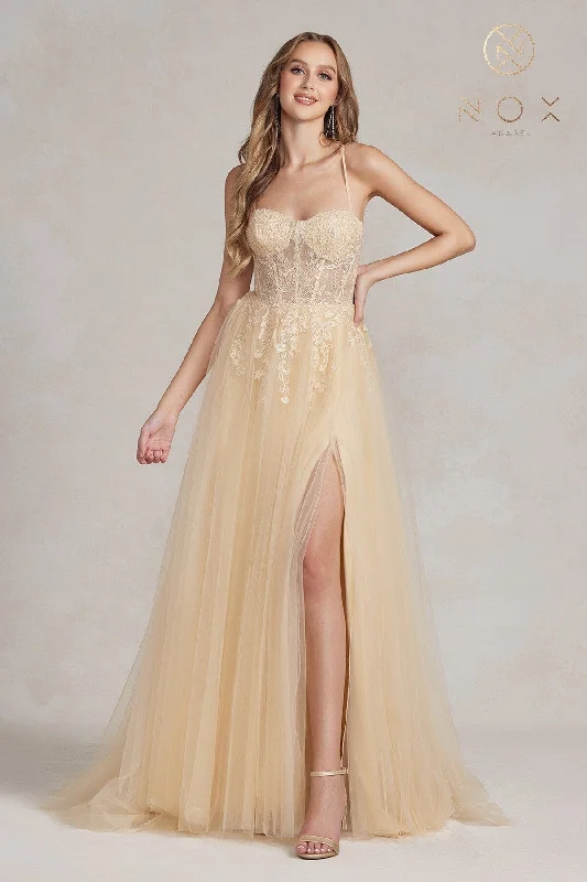 formal dresses with asymmetrical hemlines for trendy looks --Applique Corset Tulle Slit Gown by Nox Anabel J1089