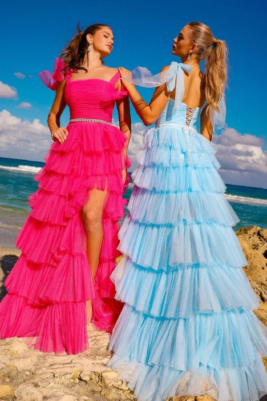 cocktail dresses with pleated skirts for elegant flow --Sleeveless Tiered Ruffled Slit Gown by Amelia Couture 6125