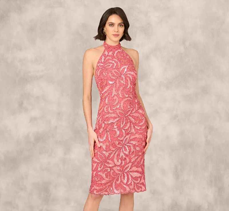 How to choose wedding guest dresses for a formal ceremony -Beaded Halter Midi Sheath Dress In Summer Rose