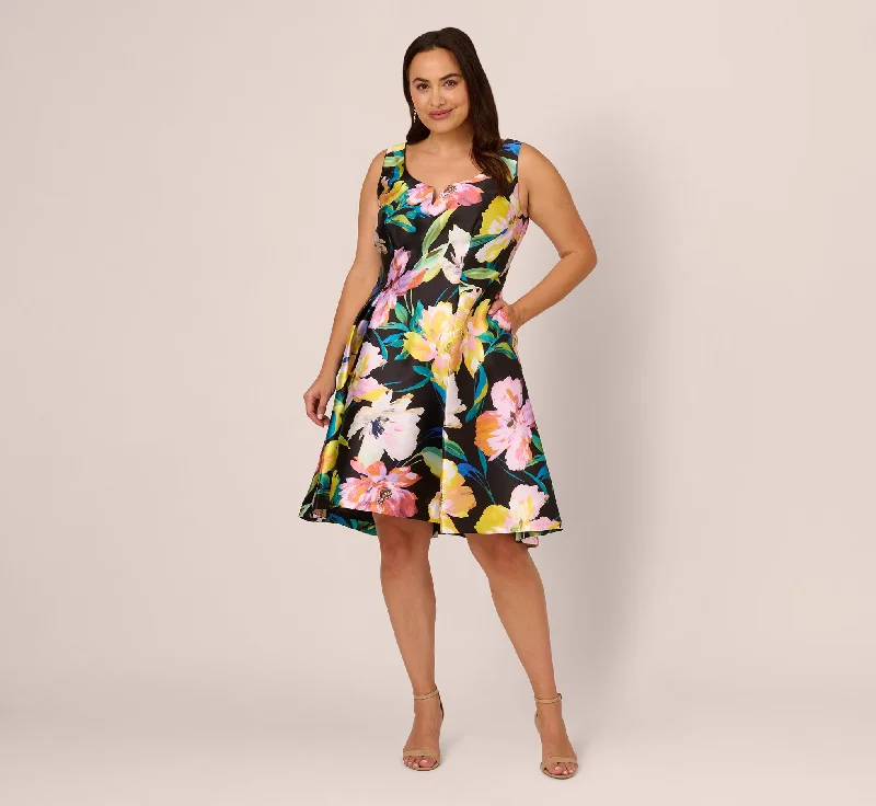 Beautiful wedding guest dresses with velvet fabrics for winter elegance -Plus Size Floral Print Mikado Sleeveless Dress With High Low Skirt In Black Multi