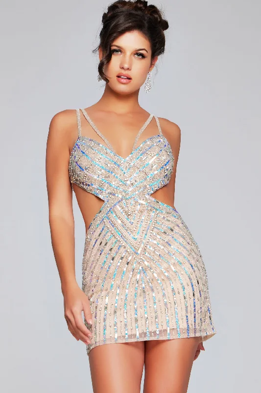 Trendy metallic party dresses for women -Sequin Short Sleeveless Cutout Dress by Jovani 400610