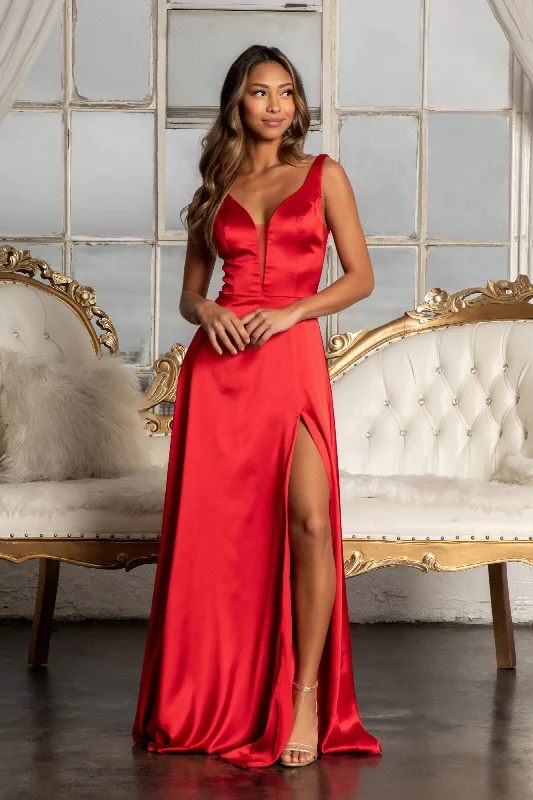 bridesmaid dresses with lace overlays for vintage style --Long Satin Illusion V-Neck Dress by Elizabeth K GL1992