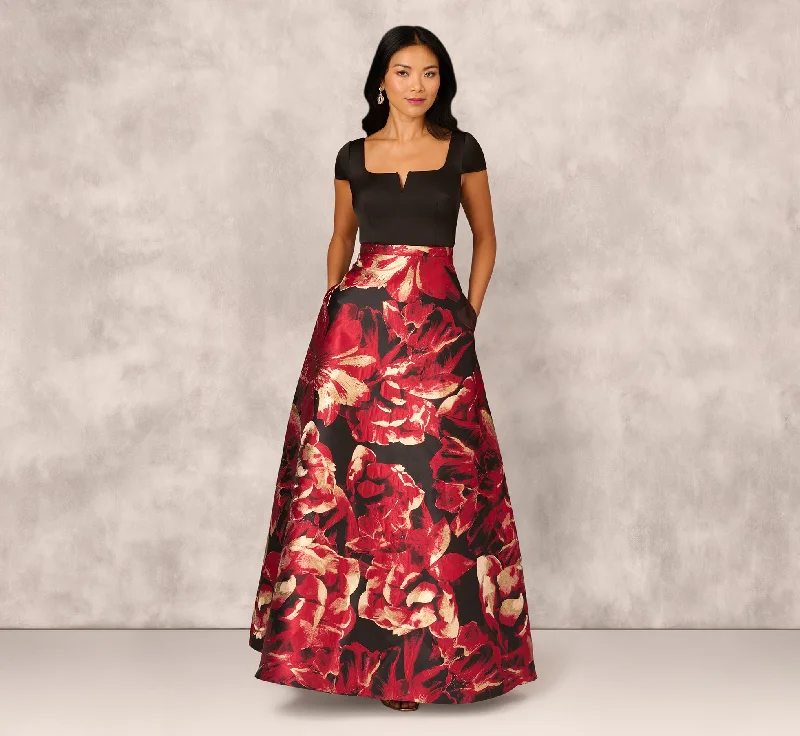 formal dresses for bachelorette parties in bright colors --Combo Fabric Cap Sleeve Gown In Black Red Multi