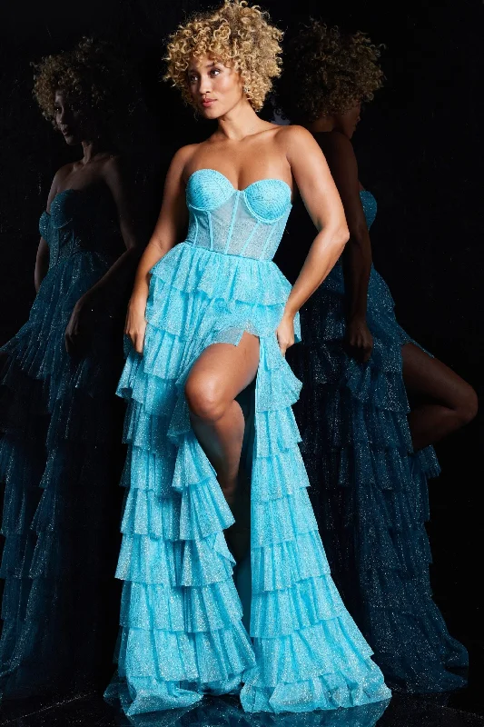 formal dresses with built-in cooling technology for hot climates --Strapless A-line Layered Slit Gown by Jovani 38167
