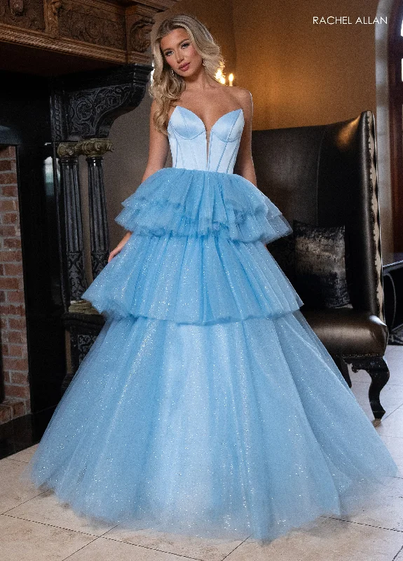 sleeveless cocktail dresses in satin fabric for summer nights --Strapless Tiered Ball Gown by Rachel Allan 70876