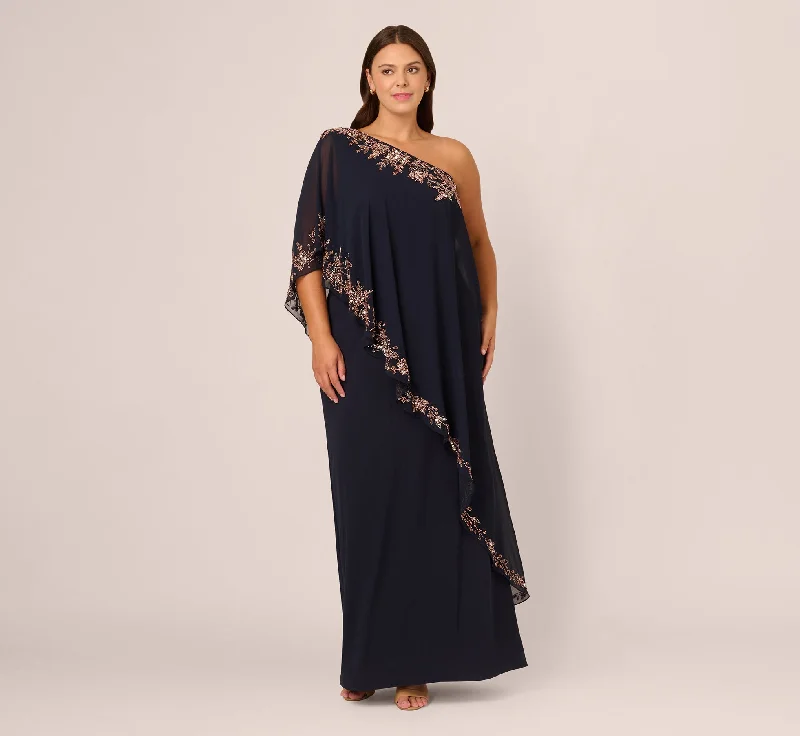 formal dresses with sequined bodices for sparkle --Plus Size One Shoulder Bead Chiffon Cape Dress In Navy Rosegold